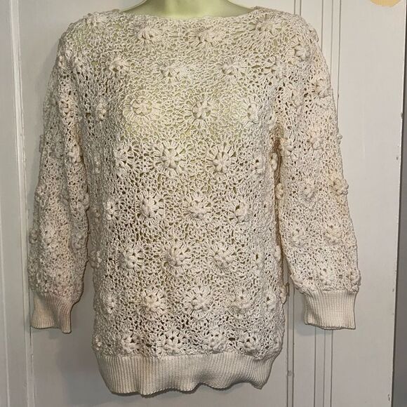 Off white/cream floral open crochet boat neck sweater with 3/4,sleeves - Picture 1 of 8